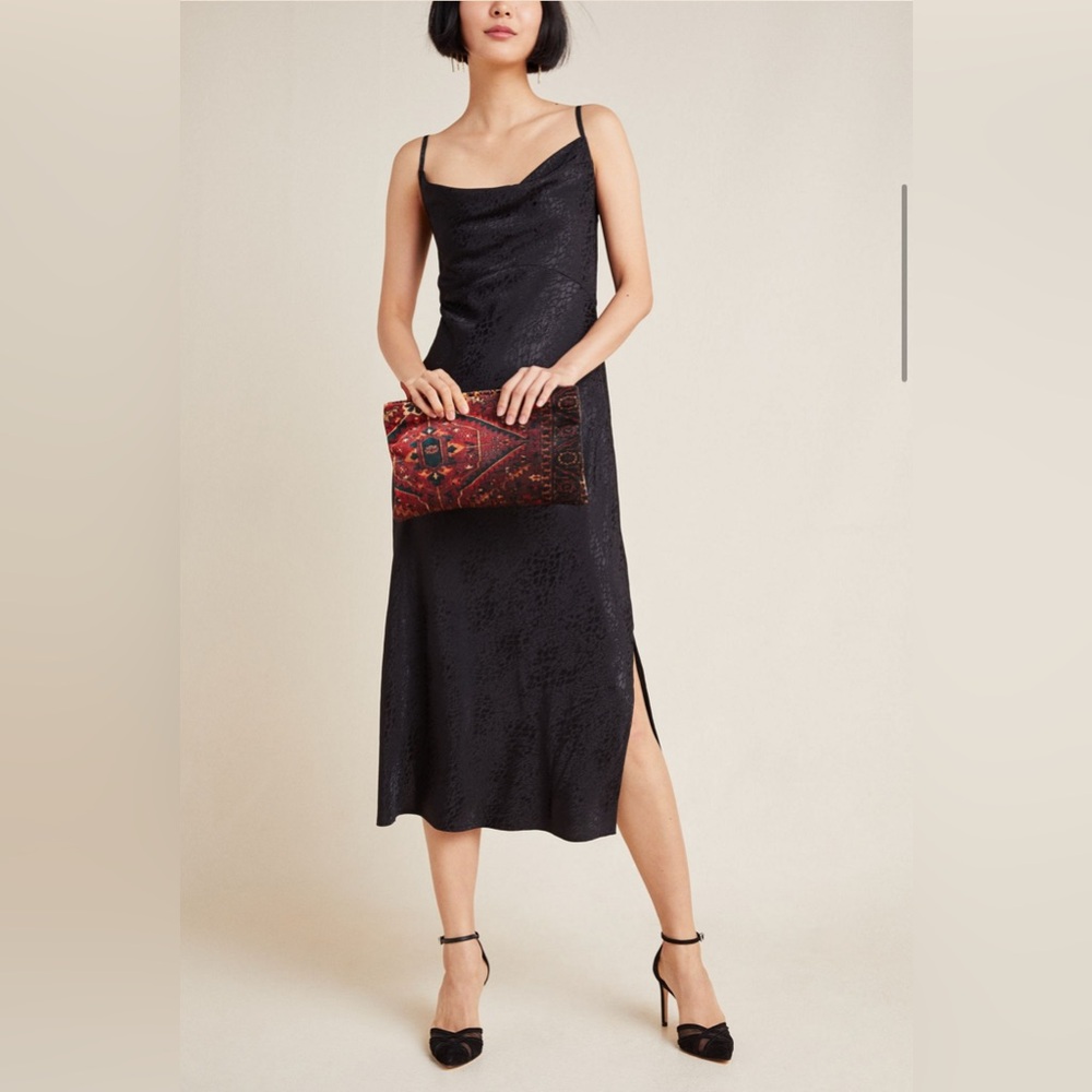 By Anthropologie Black Floral Jacquard Slip Midi Dress size 4 elegant minimalist